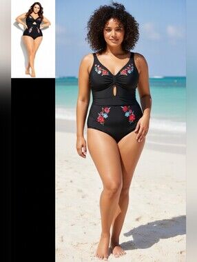 City Chic 14 Black One-Piece Swimsuit with Floral Embroidery Keyhole New Tags